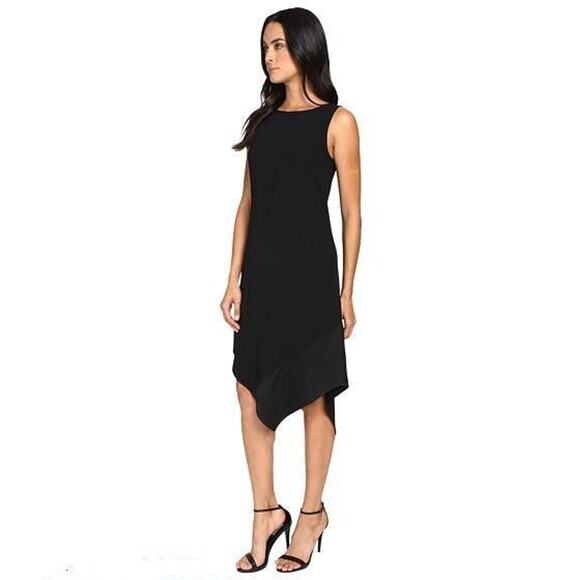 $268 Trina Turk Black Joyous Crepe Asymmetric Shift Dress Pockets Small NEW - Picture 4 of 12